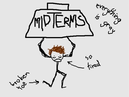 Illustration of a stick figure trying to hold up a weight labelled "midterms"